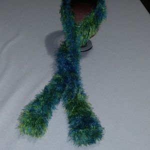 Homemade Scarf. 62"x4" Funfur. Blue & Green.